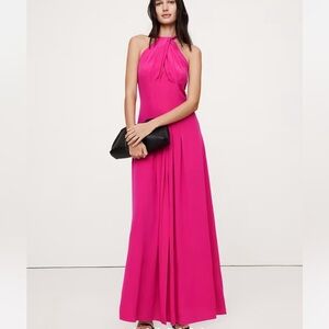NWT Silk Halter Gown Fit & Flare BANANA REPUBLIC Matte Hot Pink Front slit US 18